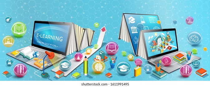 Two laptops like books. The concept of learning. Online education. Vector Illustration