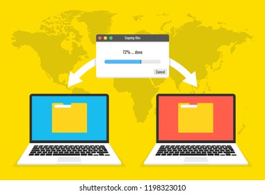 Two laptops transferred documents. File transfer concept. Vector illustration.
