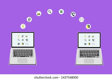 Two laptops vector illustration with icons. Devices for work in the office. Tools for freelancers.