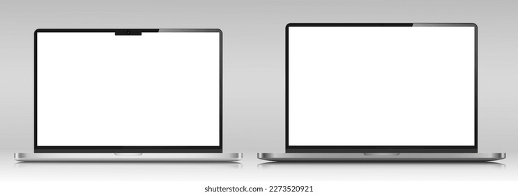 Dos laptops con pantalla blanca sobre fondo de gradiente gris. Diseños realistas de portátiles en un estuche de metal delgado de plata. Ilustración vectorial.