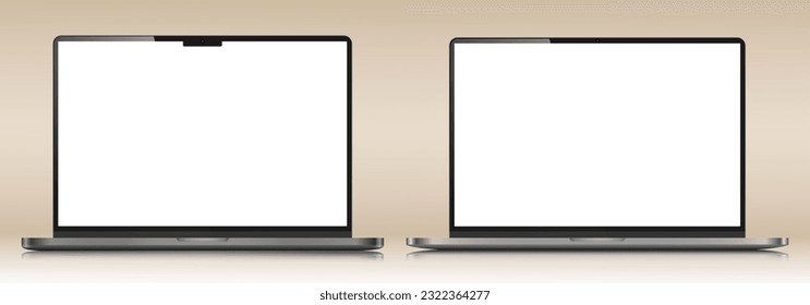Dos ordenadores portátiles con pantallas blancas sobre un fondo degradado de color beige. Un conjunto de diseños realistas de portátiles en un estuche de metal delgado plateado con reflexión. Ilustración vectorial.