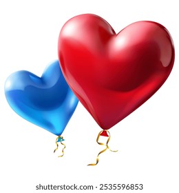 Two large beautiful heart shaped balloons in red and blue colors, with glares and golden serpentine, isolated on white background