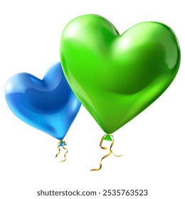 Dos Grandes globos hermosos en forma de corazón en colores verdes y azules, con brillos y serpentina dorada, aislados sobre fondo blanco