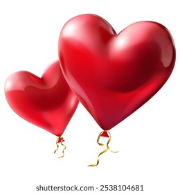 Two large beautiful heart shaped balloons in red colors, with glares and golden serpentine, isolated on white background