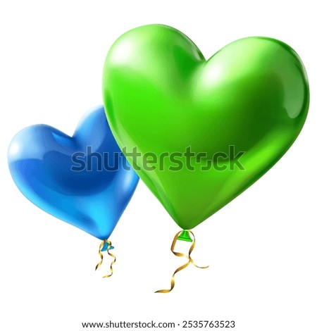 Two large beautiful heart shaped balloons in green and blue colors, with glares and golden serpentine, isolated on white background