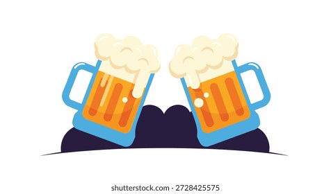 Dos Grandes tazas azules llenas de cerveza y espuma blanca tintineando juntas en un brindis contra una ilustración decorativa de fondo oscuro.