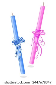 Two large blue and pink Easter candles on a white background. Easter traditions from different countries. Vector illustration.