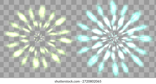Dos Grandes fuegos artificiales brillantes sobre fondo claro. Exuberantes ráfagas brillantes con grandes partículas en colores verde y turquesa para el diseño de la celebración.