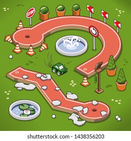 Two large crazy golf lanes with stone slab obstacles and traffic signs (vector illustration, isometric view)