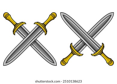 Duas grandes espadas cruzadas isoladas sobre fundo branco. Ilustração vetorial, arquivo EPS editável e escalável, fácil de imprimir, adequado para ícones, logotipos, emblemas, etc. Uma espada grande e forte