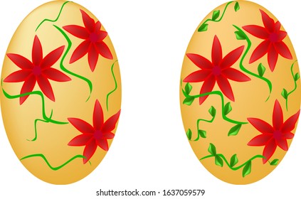 Two large easter eggs decorated with red flowers, green branches and leaves, isolated on white background