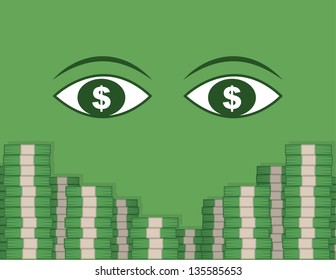 Two large eyes looking at stacks of money