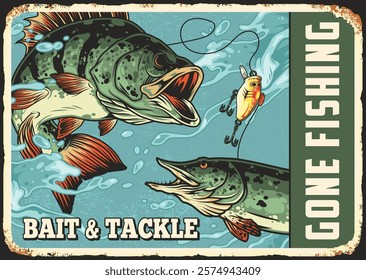 Two large fish swim with a fishing lure in a vibrant background. The design emphasizes the excitement of the fishing experience with bright colors and movement.