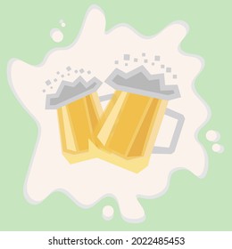 Dos grandes vasos de cerveza. Buen brindis con alcohol. Dos pinturas de cerveza exuberante. Dibujo vectorial de dibujos animados sobre un fondo verde claro para la fiesta de la cerveza, Oktovberfest.