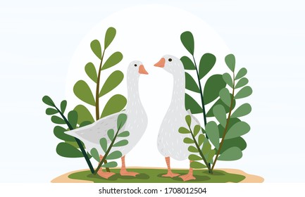 Zwei große graue Gänse in einer Vielzahl von Hochpflanzen. Hausvogel. Vektorillustration für Kinder