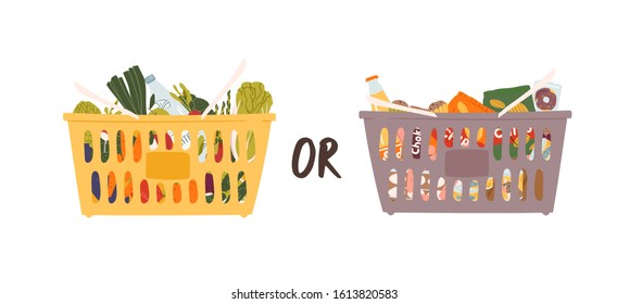 Two large grocery nutrition baskets vector flat illustration. Choosing between abundance of junk and wholesome meal. Cartoon healthy useful snack versus harmful fast food isolated on white background.