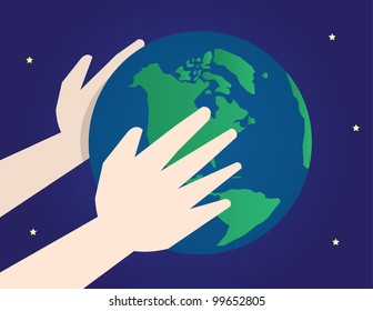 Two large hands holding the earth