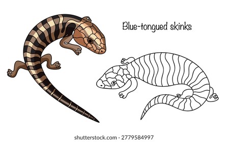 Two large lizards with elongated bodies, short legs, and a wide, triangular head are hand-drawn. Their scales are brown with dark stripes across their bodies. Isolated vector on a white background.