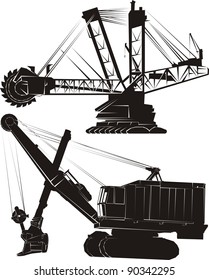 Two large mining earth movers, black isolated on white - vector cartoon illustration set