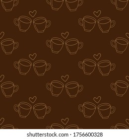 Two large mug of coffee or cocoa hand-drawn for lovers. Vector seamless doodle pattern on brown background. Design for textile, wrapping, print.