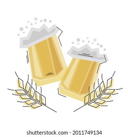 Two large mugs of beer for a beer party. Glasses are filled to the brim with boiling beer with lush foam. Emblem for the day of beer with ears of wheat. Vector isolated Banner, postcard, poster, label