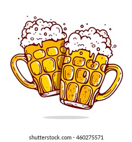 Two large mugs of beer. Vector illustration on white background drawn by hand.