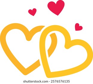 Two large, overlapping yellow heart outlines with four smaller red hearts above. Represents love, connection, and affection.