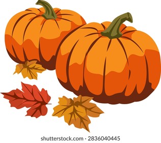 Two large pumpkins with green stems and three colorful autumn leaves on a white background.