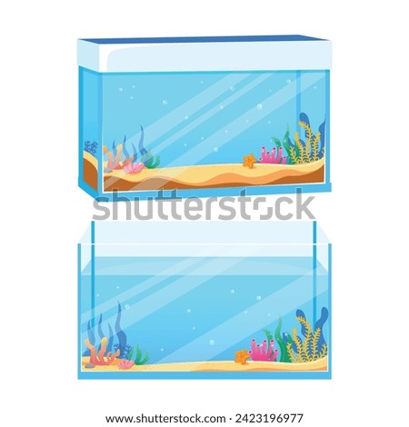 Two large rectangular aquarium empty aquarium with algae vector illustration in cartoon style