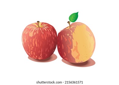 Two large, red apples with a green leaf.
