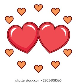 Two large red glossy hearts surrounded by several smaller orange hearts arranged in a circular pattern on a white background.