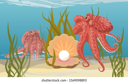 Two large red octopuses guard the pearl in the shell. Sea treasure. Realistic vector landscape