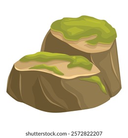 Two large rocks covered with green moss isolated on white background
