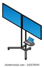 Two large screen TVs on a mobile cart with a laptop on a shelf.