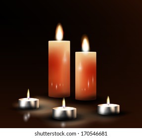 Two large and several smaller candles in the dark background. The mystery, romance concept illustration. Vector eps 10