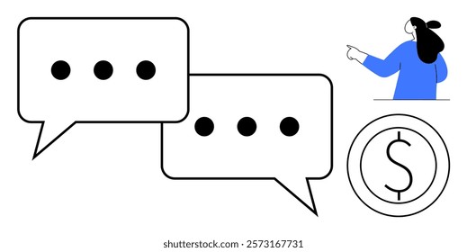 Two large speech bubbles with ellipses, a dollar sign coin, and a person pointing represent communication and monetary benefits. Ideal for finance, marketing, customer service, economics