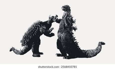 Two large, spiky monsters face off in dramatic battle. The monsters, with their spiky tails and fierce postures, engage in epic monster showdown. Vintage art drawing illustration, painting art vector.