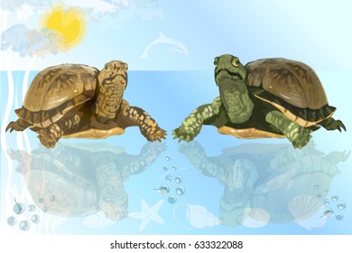 Two large turtles against the sky in the water.Vector illustration