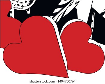 Two large volumetric hearts and one on the side. Black background back. Gifts for a loved one. Art style.