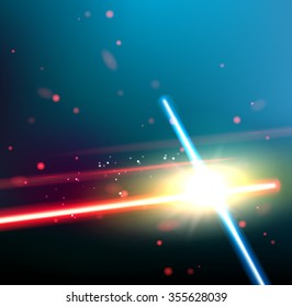 Two laser rays are crossed over dark space background. Deep space of univerce  with stars and laser glow. Vector illustration.