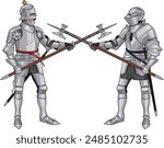 Two Late Medieval Knights in Full Plate Armor fighting and clashing Weapons, Isolated on white background, EPS 10 vector