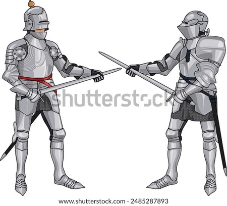 Two Late Medieval Knights in Full Plate Armor fighting or Half Swording, Isolated on white background, EPS 10 vector