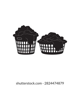 Two laundry baskets filled with clothes black silhouette high quality on white background