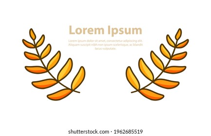 Two laurel twigs with copy space. Golden symmetric sprigs with leaves. Color doodle illustration. Template for horizontal banner, poster. Hand drawn isolated vector image, white background