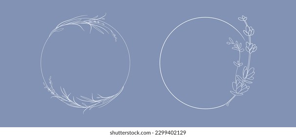 Dos Wreath de flores de Lavander con fondo azul. Arte de línea floral. Esquema de flores vectoriales. Dibujo de línea continua elegante de casamiento