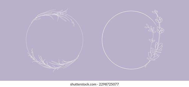 Dos Wreath de flores de Lavander con fondo morado. Arte de línea floral. Esquema de flores vectoriales. Dibujo de línea continua elegante de casamiento