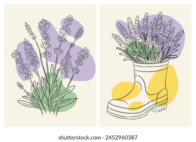 Dos ilustraciones con temática de lavanda, una con un exuberante manojo de lavanda, y la otra con un caprichoso jarrón de botas de lluvia, ambas con un encanto rústico. Línea de arte con gotas de colores