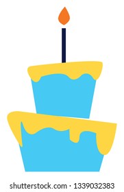 A two layer celebration cake with blue icing and a candle on the top vector color drawing or illustration 
