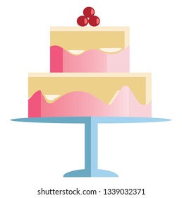 A two layer celebration cake with pink frosting and cherries on the top vector color drawing or illustration 