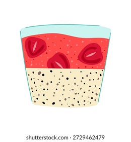 Two layer chia pudding in a glass with creamy seeded vanilla base and vibrant strawberry topping with fresh slices, evoking healthy breakfast, snack, or dessert parfait